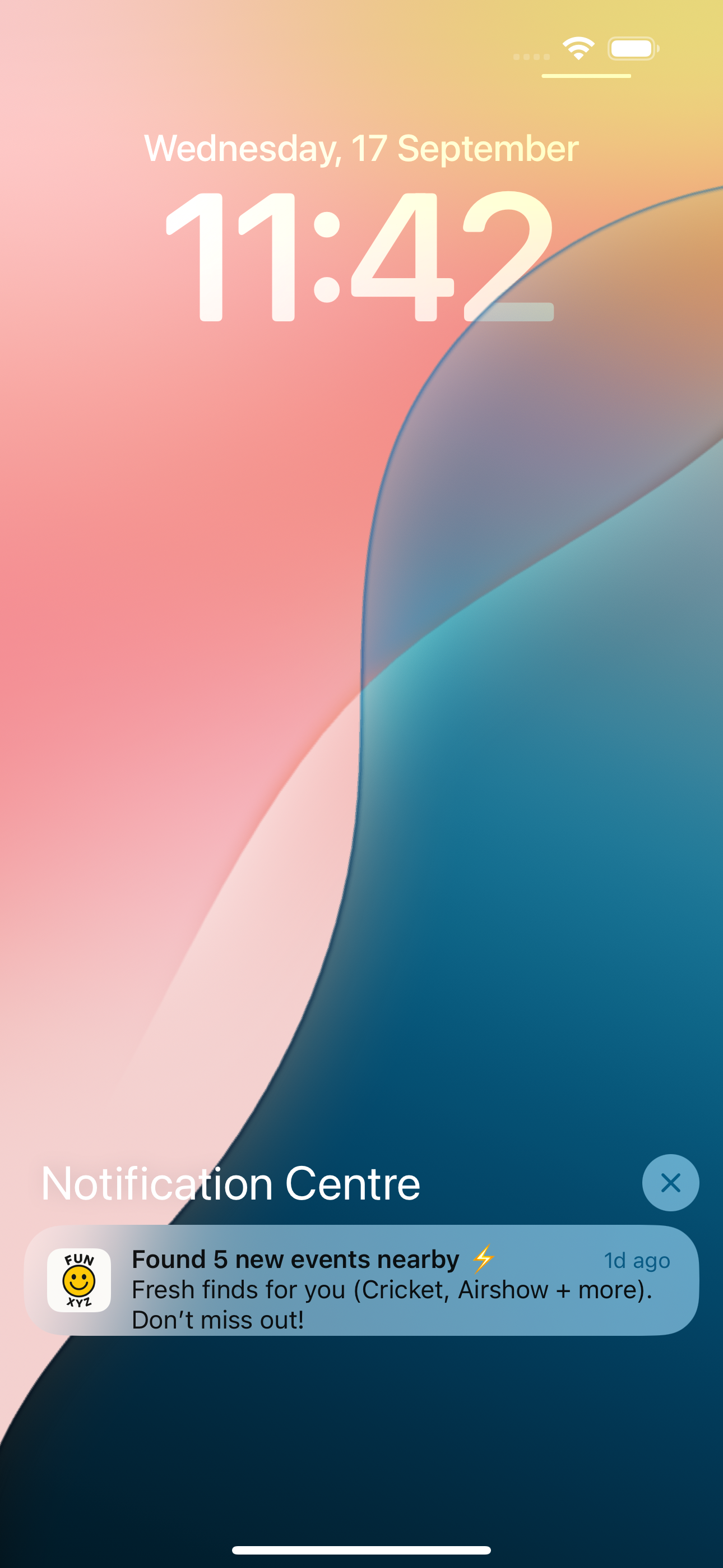 FunXYZ notification showing 5 new events nearby including Cricket and Airshow events